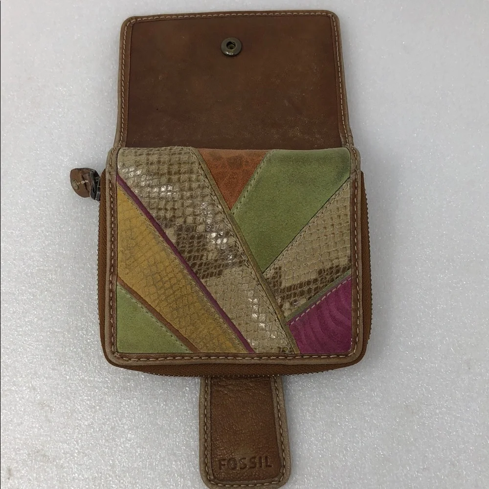 FOSSIL Wallet Brown Multicolor Patchwork Leather Zip Around